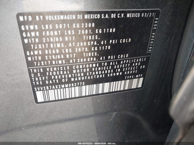 Продаж на аукціоні авто 2021 Volkswagen Tiguan 2.0t Se/2.0t Se R-line Black/2.0t Sel, vin: 3VV2B7AX2MM092773, номер лоту: 45792233