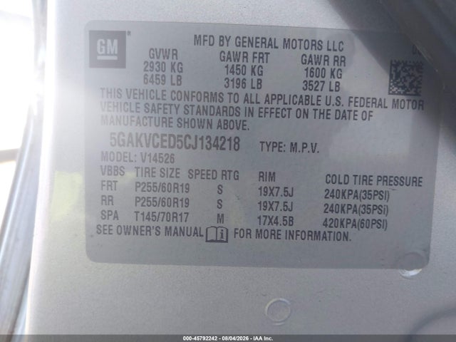 45792242 :رقم المزاد ، 5GAKVCED5CJ134218 vin ، 2012 Buick Enclave Leather مزاد بيع