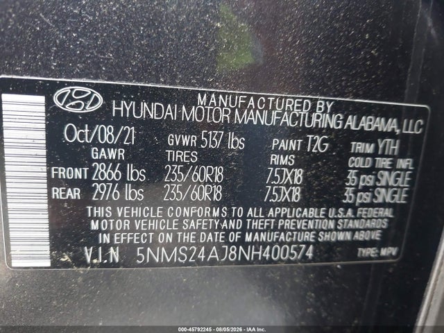 Aukcja sprzedaży 2022 Hyundai Santa Fe Sel, vin: 5NMS24AJ8NH400574, numer aukcji: 45792245