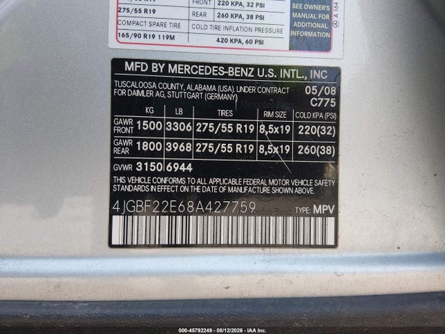 45792249 :رقم المزاد ، 4JGBF22E68A427759 vin ، 2008 Mercedes-benz Gl 320 Cdi 4matic مزاد بيع