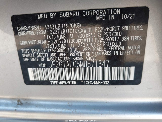 Продаж на аукціоні авто 2021 Subaru Crosstrek Premium, vin: JF2GTAEC5MH671347, номер лоту: 45792252