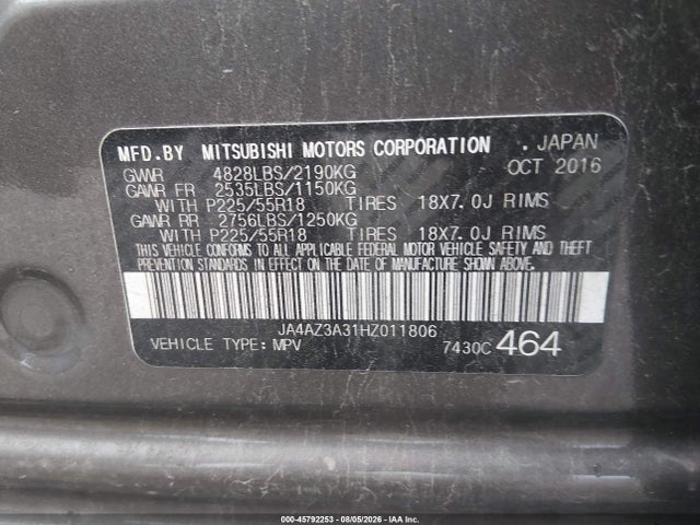 Aukcja sprzedaży 2017 Mitsubishi Outlander Sel, vin: JA4AZ3A31HZ011806, numer aukcji: 45792253
