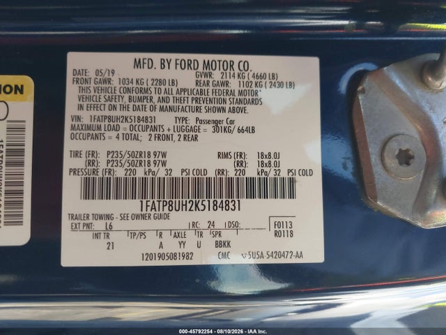 Aukcja sprzedaży 2019 Ford Mustang Ecoboost, vin: 1FATP8UH2K5184831, numer aukcji: 45792254