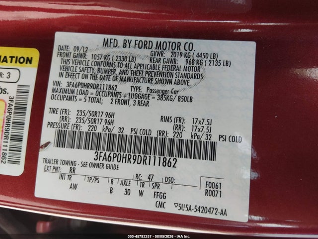 Auction sale of the 2013 Ford Fusion Se, vin: 3FA6P0HR9DR111862, lot number: 45792257