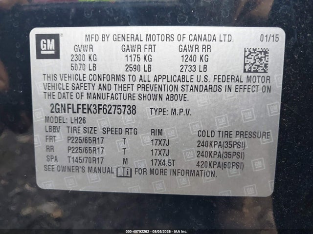 Продажа на аукционе авто 2015 Chevrolet Equinox 1lt, vin: 2GNFLFEK3F6275738, номер лота: 45792262