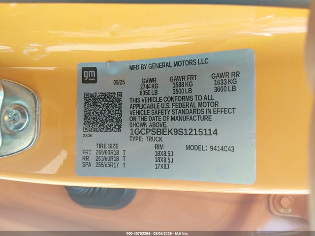 Aukcja sprzedaży 2025 Chevrolet Colorado 2wd Wt, vin: 1GCPSBEK9S1215114, numer aukcji: 45792264