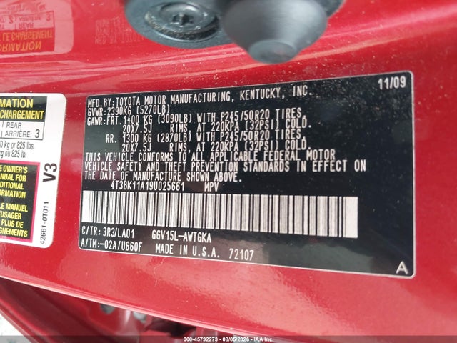 45792273 :رقم المزاد ، 4T3BK11A19U025661 vin ، 2009 Toyota Venza Base V6 مزاد بيع