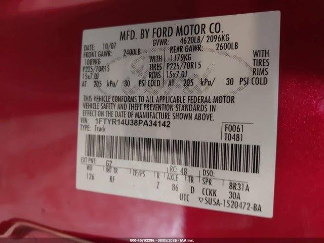 2008 Ford Ranger Sport/xl/xlt მანქანა იყიდება აუქციონზე, vin: 1FTYR14U38PA34142, აუქციონის ნომერი: 45792286