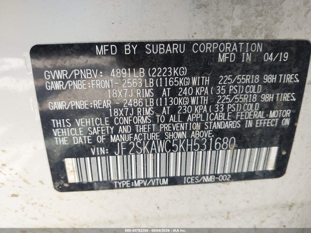Aukcja sprzedaży 2019 Subaru Forester Touring, vin: JF2SKAWC5KH531680, numer aukcji: 45792288