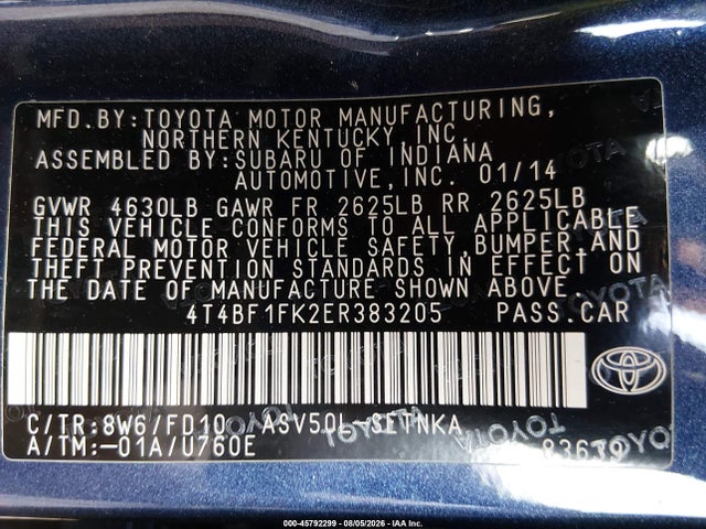 2014 Toyota Camry Le მანქანა იყიდება აუქციონზე, vin: 4T4BF1FK2ER383205, აუქციონის ნომერი: 45792299