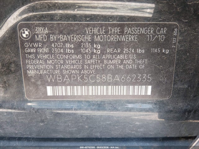 45792305 :رقم المزاد ، WBAPK5C58BA662335 vin ، 2011 Bmw 328i Xdrive مزاد بيع