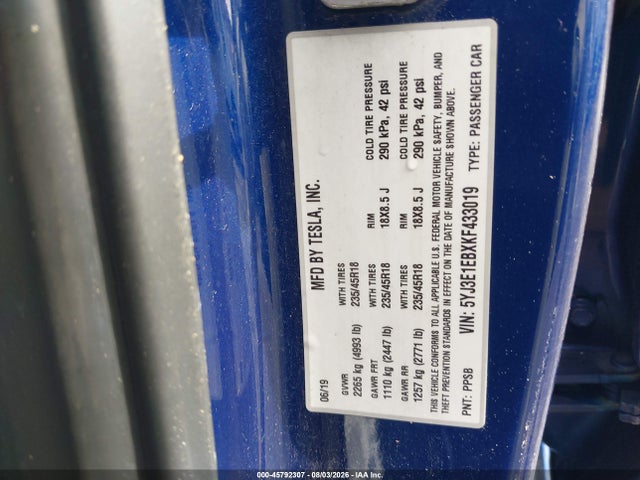 Продаж на аукціоні авто 2019 Tesla Model 3 Long Range/performance, vin: 5YJ3E1EBXKF433019, номер лоту: 45792307