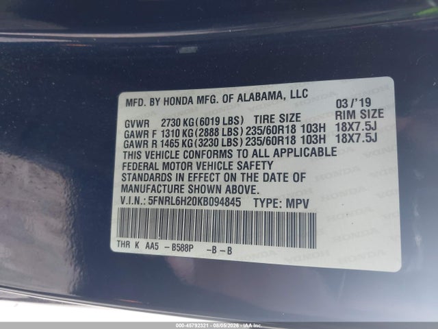 45792321 :رقم المزاد ، 5FNRL6H20KB094845 vin ، 2019 Honda Odyssey Lx مزاد بيع