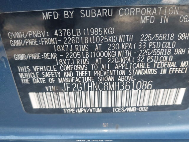 Продаж на аукціоні авто 2021 Subaru Crosstrek Limited, vin: JF2GTHNC8MH361086, номер лоту: 45792326