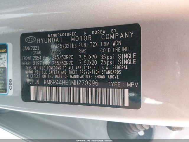 45792342 :رقم المزاد ، KM8R44HE1MU270996 vin ، 2021 Hyundai Palisade Sel مزاد بيع
