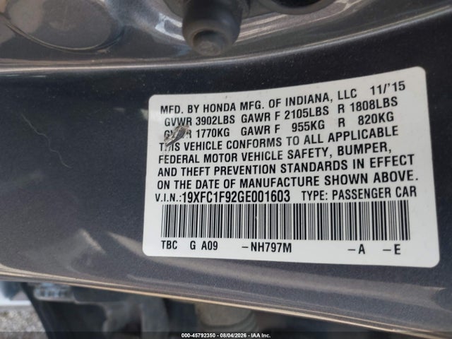 Honda Civic Touring 2016 19XFC1F92GE001603 Image 9