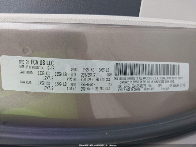 Продажа на аукционе авто 2017 Chrysler Pacifica Touring-l, vin: 2C4RC1BG0HR540173, номер лота: 45792359