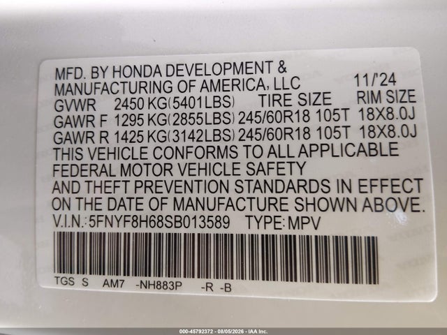 Aukcja sprzedaży 2025 Honda Passport Awd Trailsport, vin: 5FNYF8H68SB013589, numer aukcji: 45792372