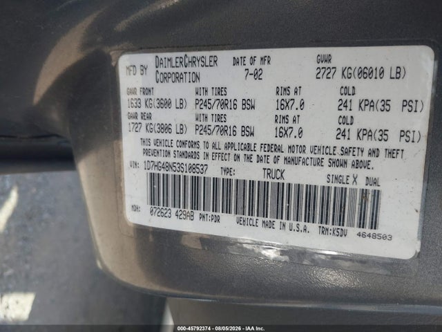 2003 Dodge Dakota Slt მანქანა იყიდება აუქციონზე, vin: 1D7HG48N53S108537, აუქციონის ნომერი: 45792374