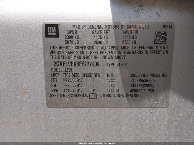 Aukcja sprzedaży 2014 Gmc Terrain Sle-1, vin: 2GKFLVEK8E6277409, numer aukcji: 45792386