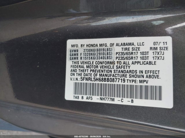 2011 Honda Odyssey Ex-l მანქანა იყიდება აუქციონზე, vin: 5FNRL5H68BB087719, აუქციონის ნომერი: 45792390