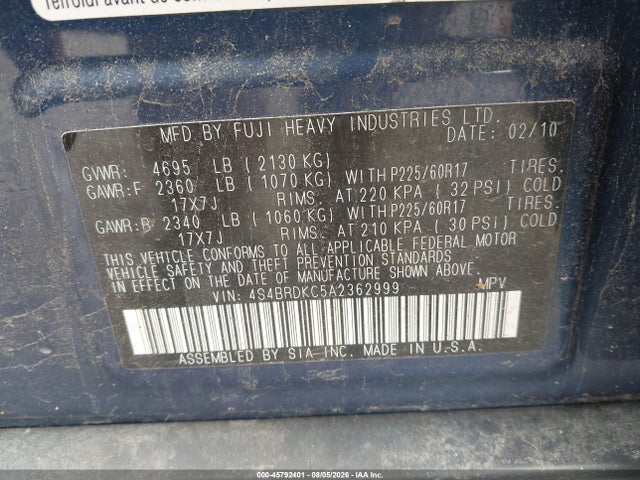 45792401 :رقم المزاد ، 4S4BRDKC5A2362999 vin ، 2010 Subaru Outback 3.6r Limited مزاد بيع