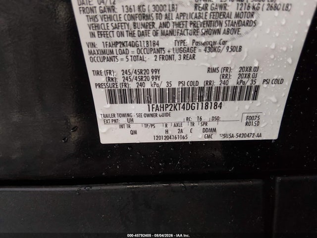 45792405 :رقم المزاد ، 1FAHP2KT4DG118184 vin ، 2013 Ford Taurus Sho مزاد بيع