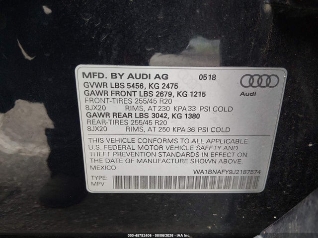 45792406 :رقم المزاد ، WA1BNAFY9J2187574 vin ، 2018 Audi Q5 2.0t Premium/2.0t Tech Premium مزاد بيع