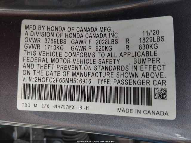 Aukcja sprzedaży 2021 Honda Civic Lx, vin: 2HGFC2F65MH516916, numer aukcji: 45792412
