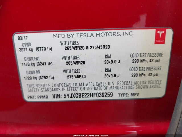 5YJXCBE22HF039259 Tesla MODEL X