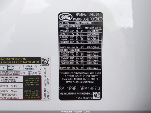 2024 Land Rover Range Rover Sport Se მანქანა იყიდება აუქციონზე, vin: SAL1P9EU6RA189706, აუქციონის ნომერი: 45792421