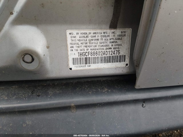 Aukcja sprzedaży 2002 Honda Accord 2.3 Vp, vin: 1HGCF86602A012475, numer aukcji: 45792454