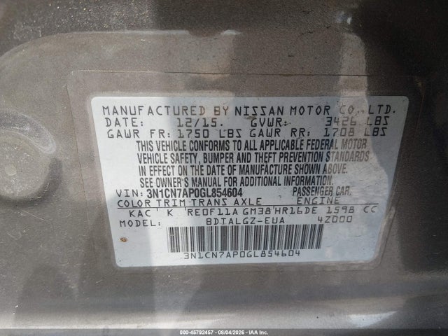 3N1CN7AP0GL854604 Nissan Versa 1.6 Sl