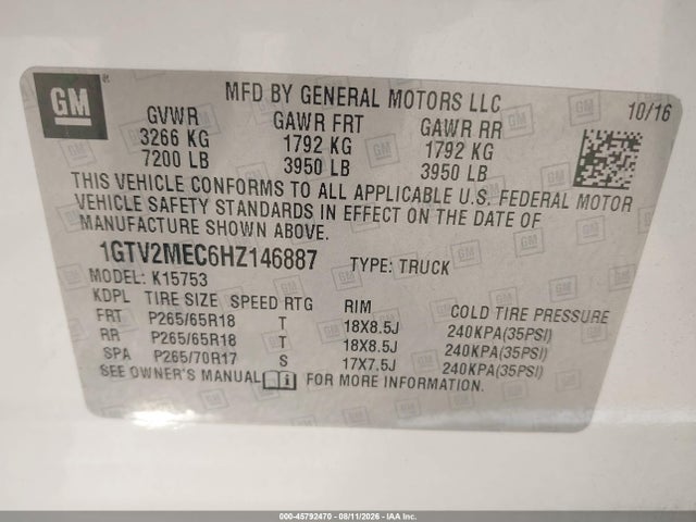2017 Gmc Sierra 1500 Sle მანქანა იყიდება აუქციონზე, vin: 1GTV2MEC6HZ146887, აუქციონის ნომერი: 45792470