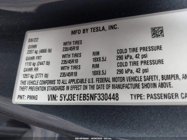 5YJ3E1EB5NF330448 Tesla Model 3 Long Range Dual Motor All-wheel Drive