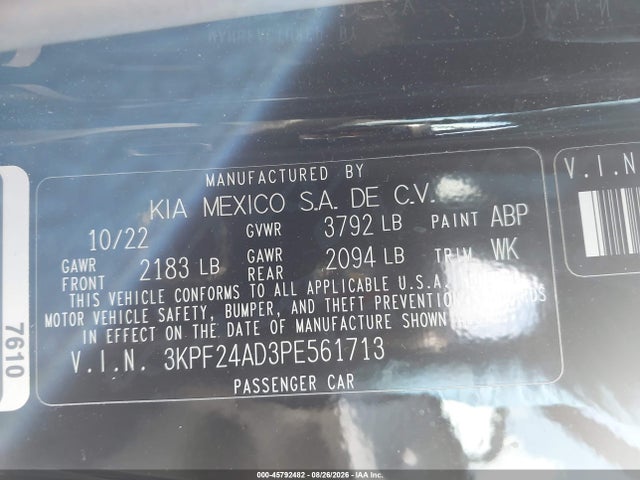 2023 Kia Forte Lxs მანქანა იყიდება აუქციონზე, vin: 3KPF24AD3PE561713, აუქციონის ნომერი: 45792482