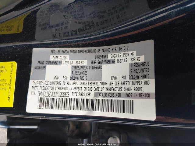 45792493 :رقم المزاد ، 3MYDLBZV0GY129263 vin ، 2016 Scion Ia مزاد بيع