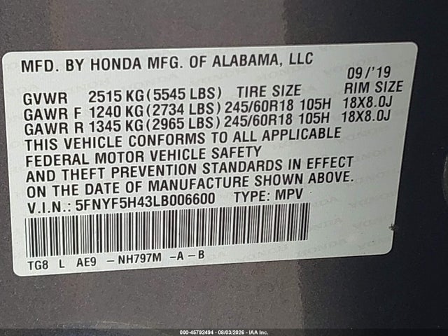 Aukcja sprzedaży 2020 Honda Pilot 2wd Ex-l W/navi, vin: 5FNYF5H43LB006600, numer aukcji: 45792494