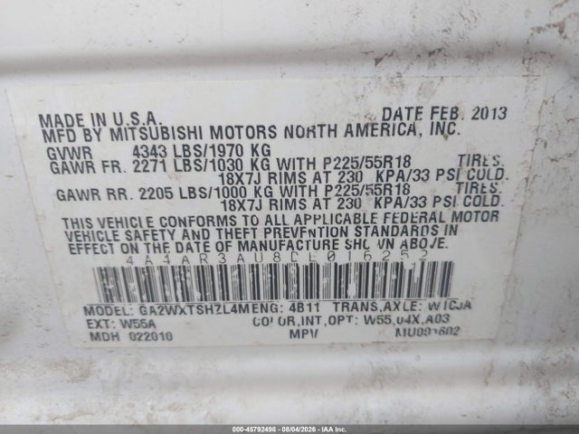 2013 Mitsubishi Outlander Sport Es მანქანა იყიდება აუქციონზე, vin: 4A4AR3AU8DE016252, აუქციონის ნომერი: 45792498