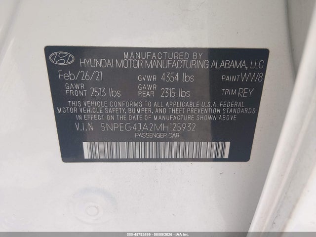 Aukcja sprzedaży 2021 Hyundai Sonata Se, vin: 5NPEG4JA2MH125932, numer aukcji: 45792499