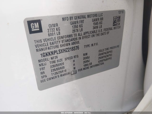 45792509 :رقم المزاد ، 1GKKNPLSXHZ218376 vin ، 2017 Gmc Acadia Denali مزاد بيع