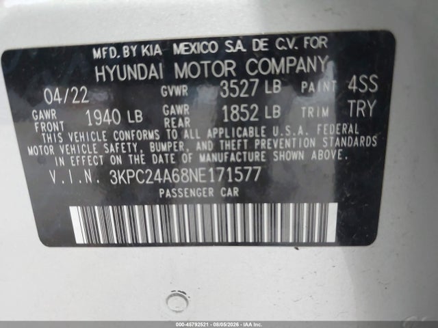 Aukcja sprzedaży 2022 Hyundai Accent Se, vin: 3KPC24A68NE171577, numer aukcji: 45792521