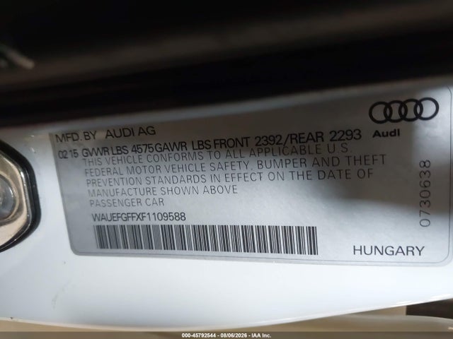 45792544 :رقم المزاد ، WAUEFGFFXF1109588 vin ، 2015 Audi A3 2.0t Premium مزاد بيع