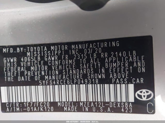 2020 Toyota Corolla Se Nightshade Edition მანქანა იყიდება აუქციონზე, vin: 5YFS4RCE6LP049318, აუქციონის ნომერი: 45792561