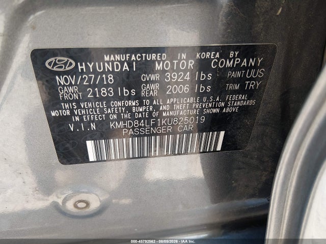 KMHD84LF1KU825019 Hyundai ELANTRA SEL