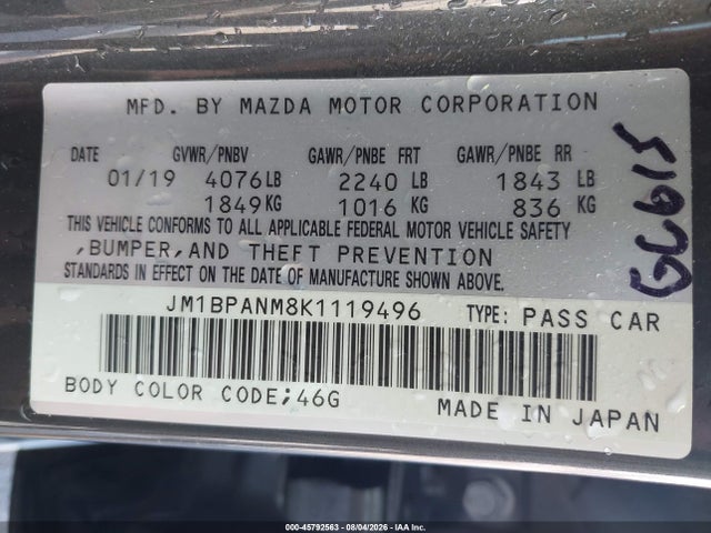45792563 :رقم المزاد ، JM1BPANM8K1119496 vin ، 2019 Mazda Mazda3 Premium Package مزاد بيع
