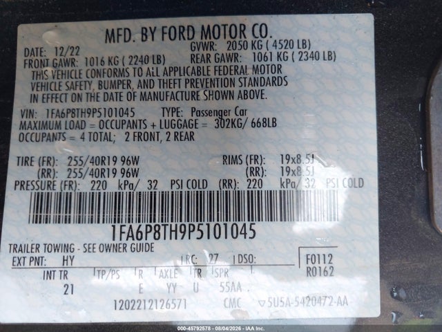 45792578 :رقم المزاد ، 1FA6P8TH9P5101045 vin ، 2023 Ford Mustang Ecoboost Fastback مزاد بيع