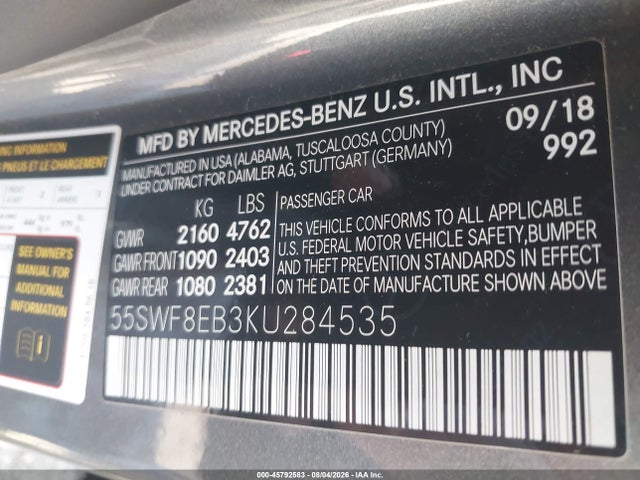 45792583 :رقم المزاد ، 55SWF8EB3KU284535 vin ، 2019 Mercedes-benz C 300 4matic مزاد بيع