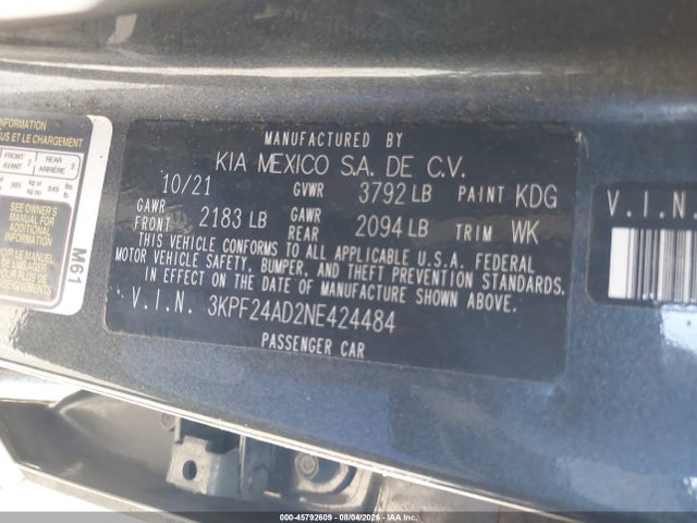 3KPF24AD2NE424484 KIA Forte Lxs