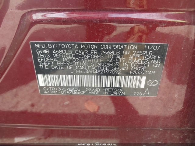 Продаж на аукціоні авто 2008 Lexus Es 350, vin: JTHBJ46G482197092, номер лоту: 45792611